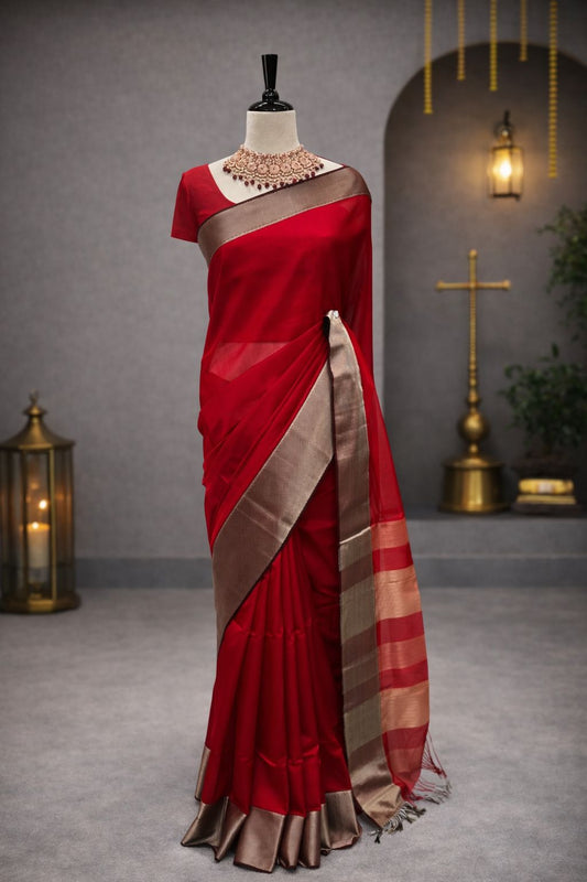 Classic Red Maheshwari Handloom Saree with Silver Border and Designer Striped Pallu