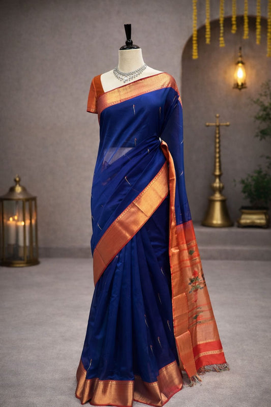 Royal Blue Maheshwari Handloom Saree with Copper Border and Printed Pallu Design