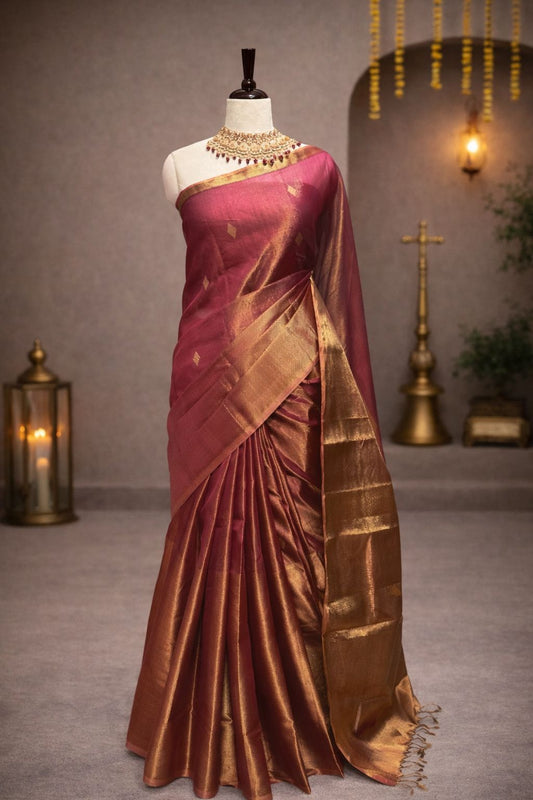 Mehroon Gold Maheshwari Handloom Saree with Zari Border and Classic Checks Pallu