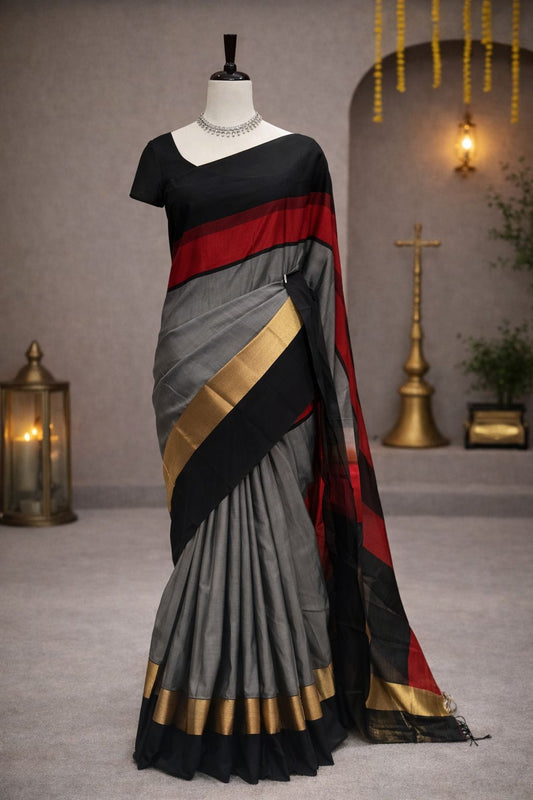 Stylish Black-Grey Maheshwari Handloom Saree with Red Stripes and Gold Border