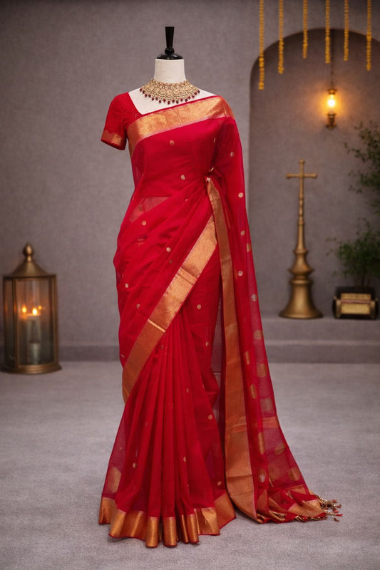 Rani Pink Maheshwari Handloom Saree with Golden Buti and Zari Border