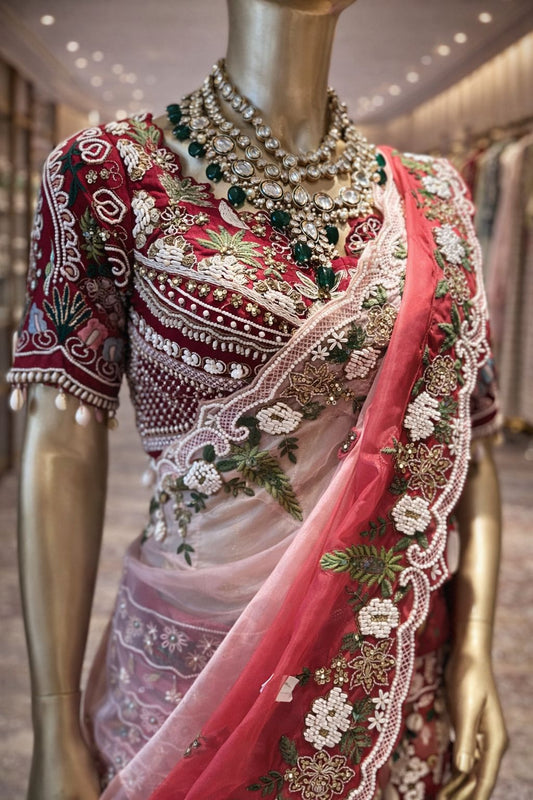 Cherry Blossom Pink Embroidered Bridal Lehenga with Designer Net Dupatta