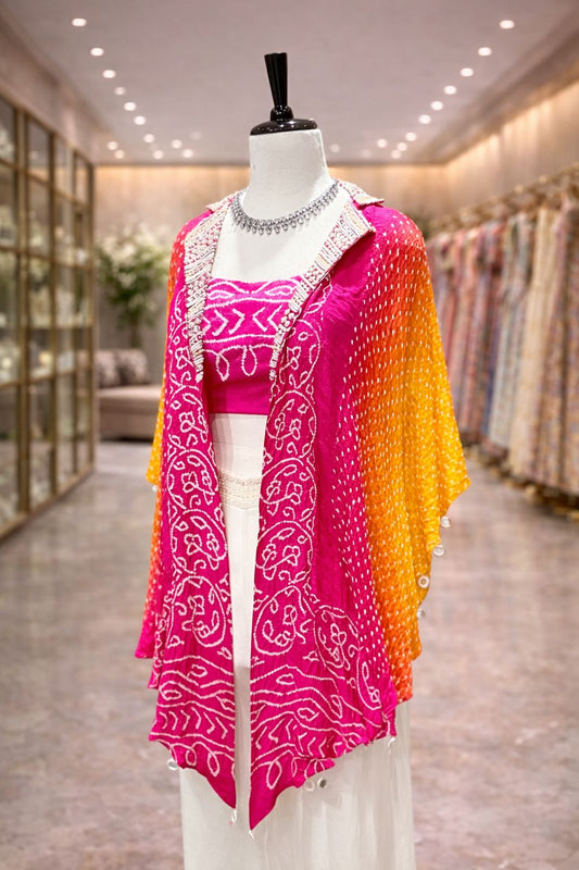 Pink Bandhej Shrug Style Indo-Western Palazzo Set with Pearl Detailing