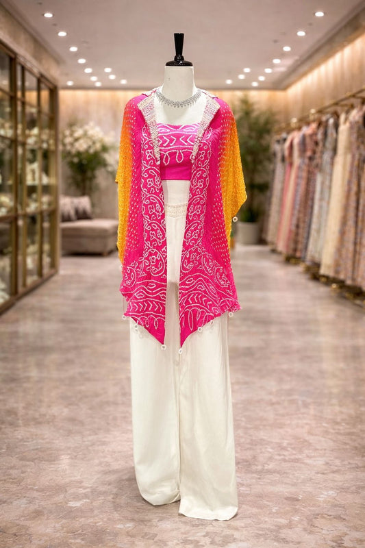Pink Bandhej Shrug Style Indo-Western Palazzo Set with Pearl Detailing