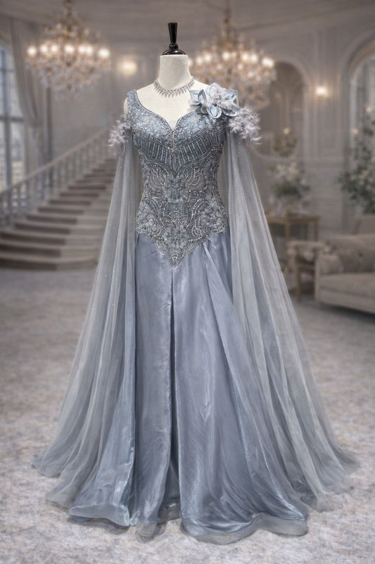 Silver Grey Party Wear Gown with Stylish Cape Sleeves