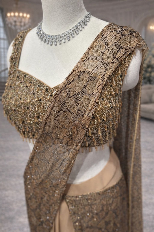 Golden Beige Ready-to-Wear Saree with Embellished Blouse & Shimmer Draping
