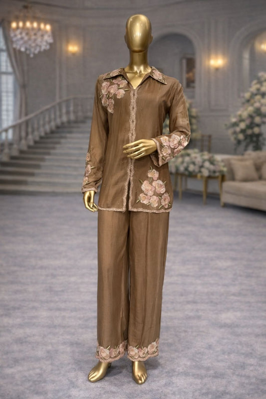 Brown Floral Embroidered Coat Set with Straight Pants