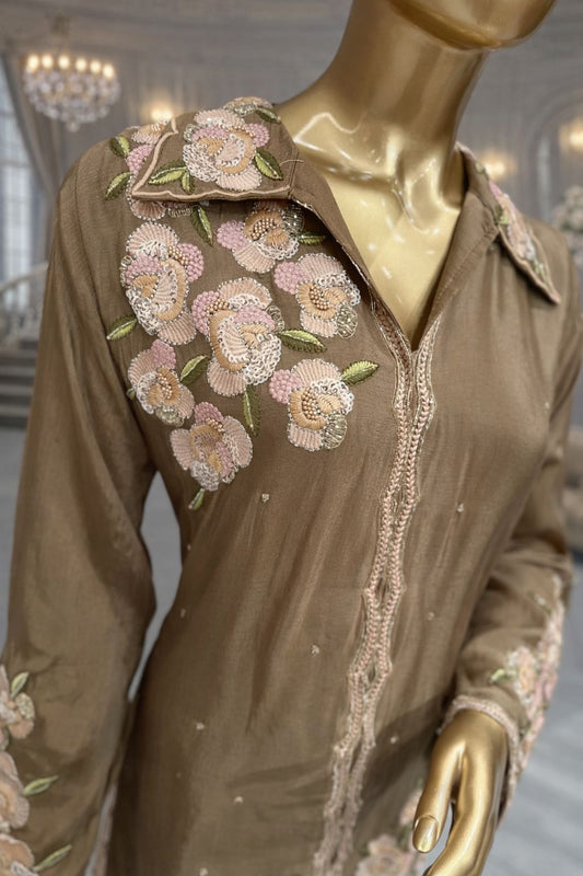 Brown Floral Embroidered Coat Set with Straight Pants