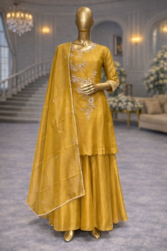 Mustard Yellow Embroidered Kurti Sharara Set with Dupatta