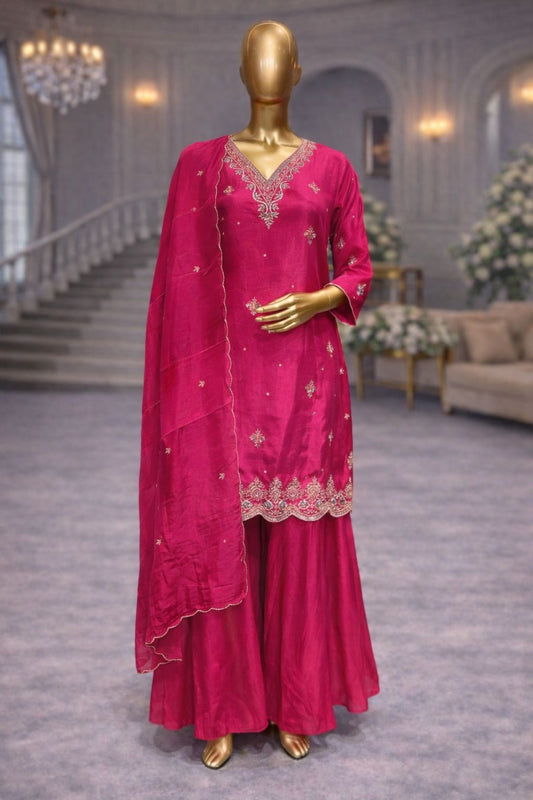 Rani Pink Embroidered Kurti Sharara Set with Matching Dupatta