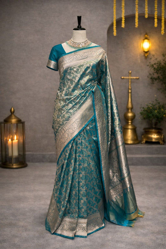 Teal Blue Pure Banarasi Handloom Tissue Saree with Silver Zari Weaving