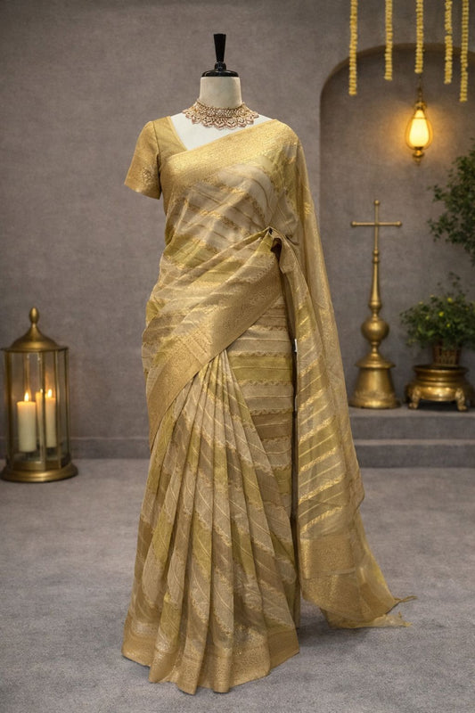 Beige-Gold Pure Banarasi Handloom Tissue Saree with Multicolor Zari Weaving & Rich Pallu