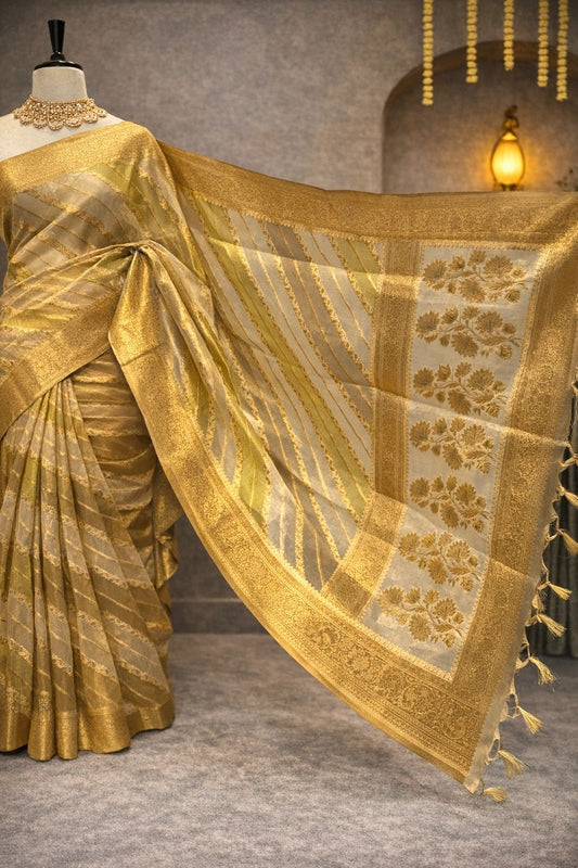 Beige-Gold Pure Banarasi Handloom Tissue Saree with Multicolor Zari Weaving & Rich Pallu