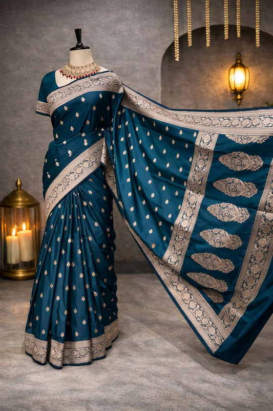 Peacock Blue Pure Banarasi Handloom Silk Saree with Silver Buti, Rich Pallu & Woven Border