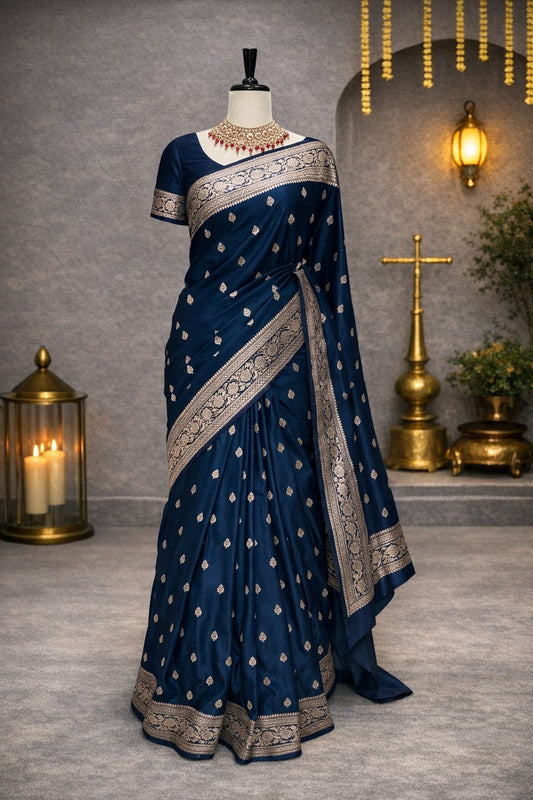 Peacock Blue Pure Banarasi Handloom Silk Saree with Silver Buti, Rich Pallu & Woven Border