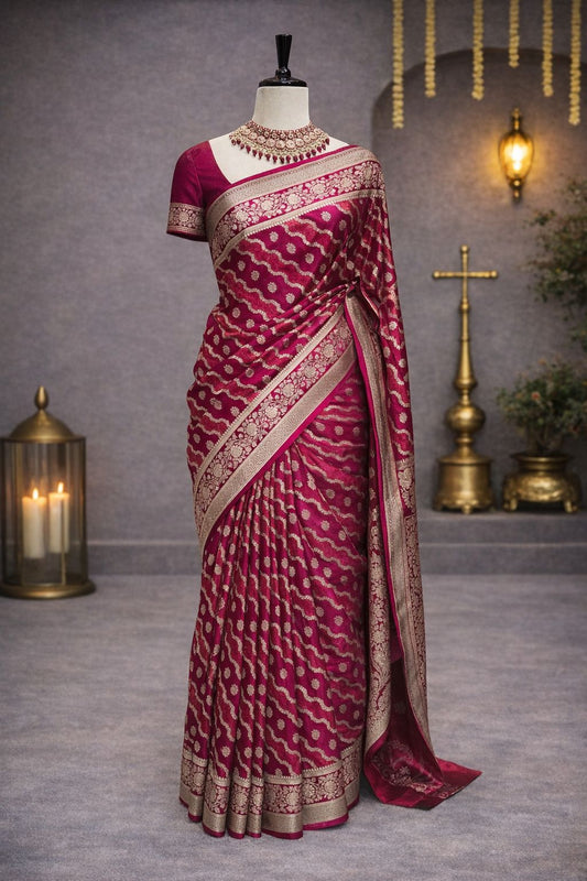 Cherry Pink Banarasi Handloom Silk Saree with Heavy Border & Designer Pallu