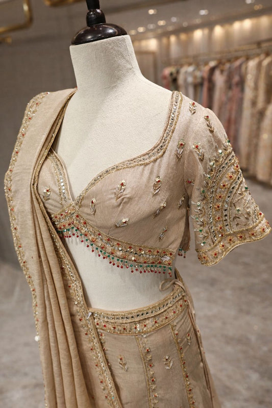 Champagne Gold Silk Lehenga with Kundan & Sequin Hand Detailing
