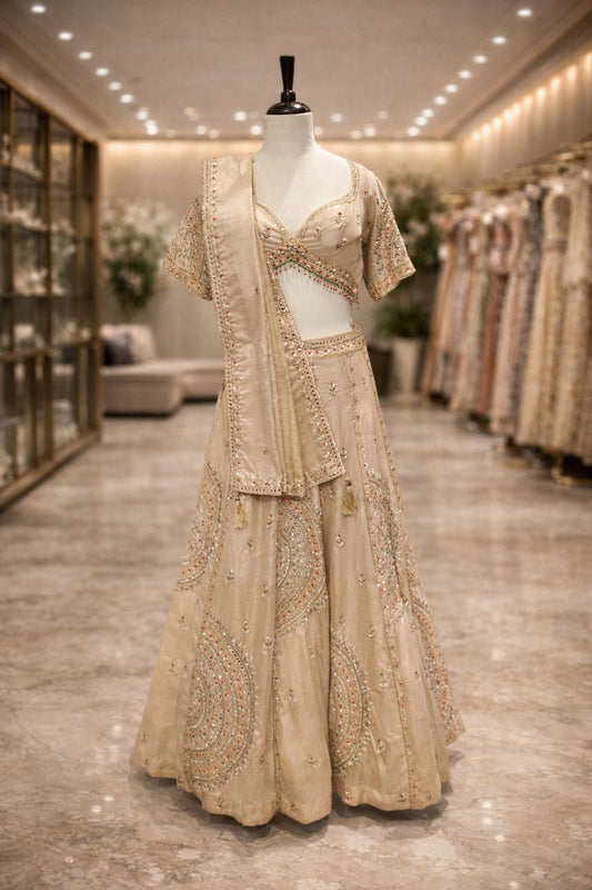 Champagne Gold Silk Lehenga with Kundan & Sequin Hand Detailing