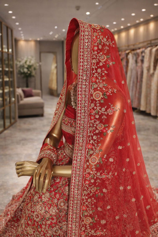 Royal Red Silk Bridal Lehenga with Resham & Zardozi Handwork