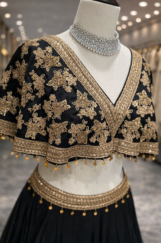 Midnight Elegance Black Indo-Western Lehenga with Embroidered Cape Blouse