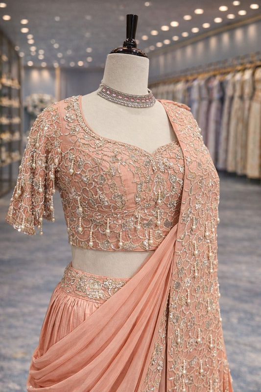 Soft Peach Draped Indo-Western Lehenga with Pearl & Sequin Embellishment