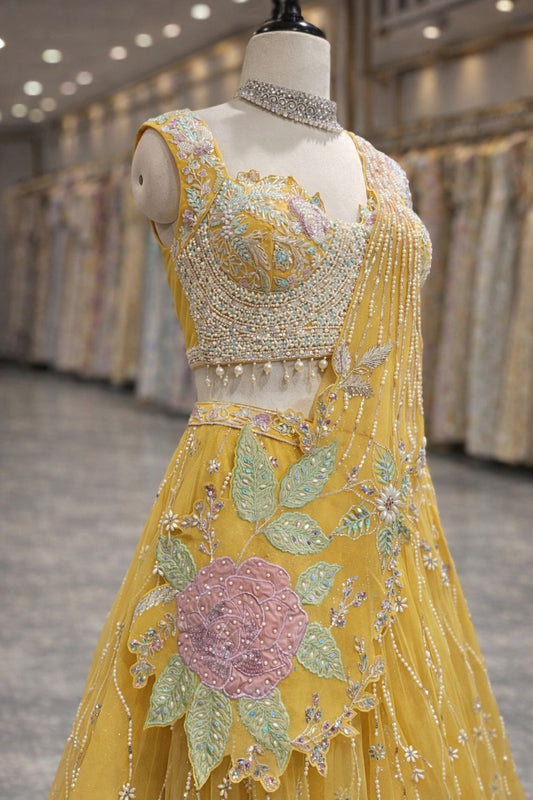 Blooming Sunshine Pastel Yellow Applique Indo-Western Draped Lehenga