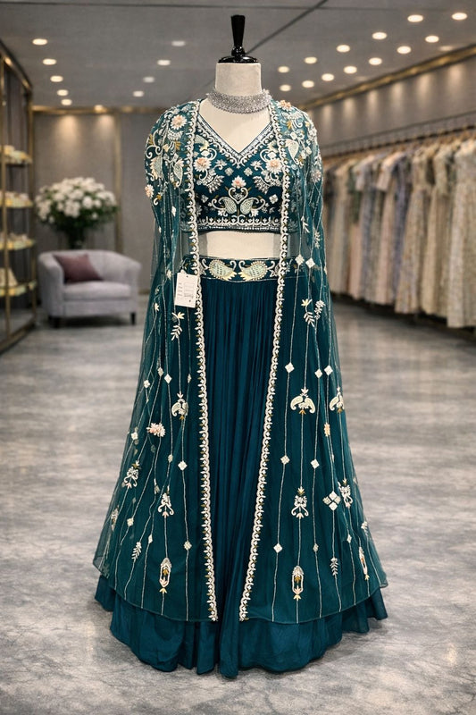 Elegant Peacock Blue Cape Style Indo-Western Lehenga with Pearl & Kardana Embroidery