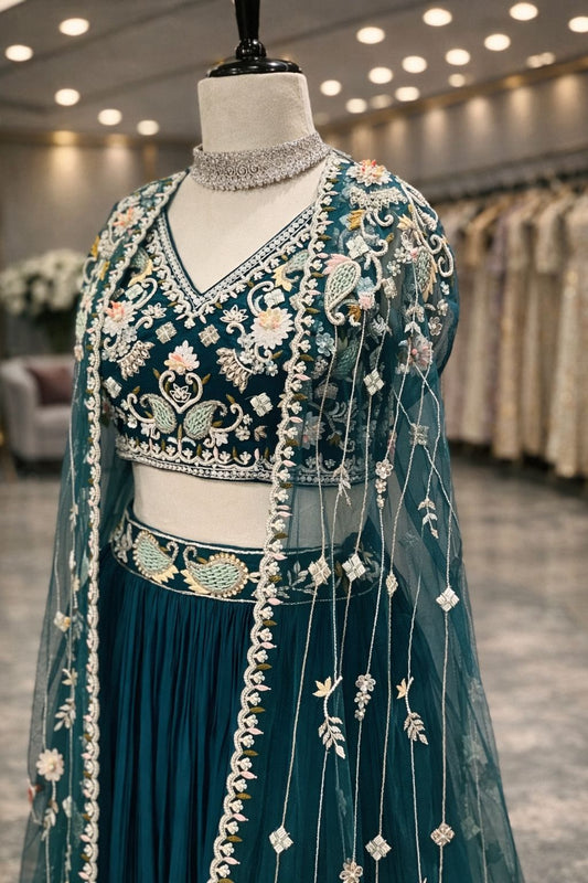 Elegant Peacock Blue Cape Style Indo-Western Lehenga with Pearl & Kardana Embroidery