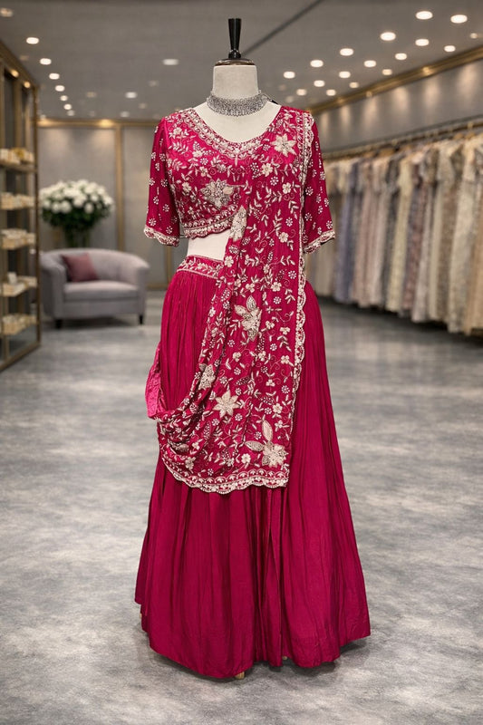 Radiant Hot Pink Draped Indo-Western Lehenga with Kardana & Sequin Embroidery