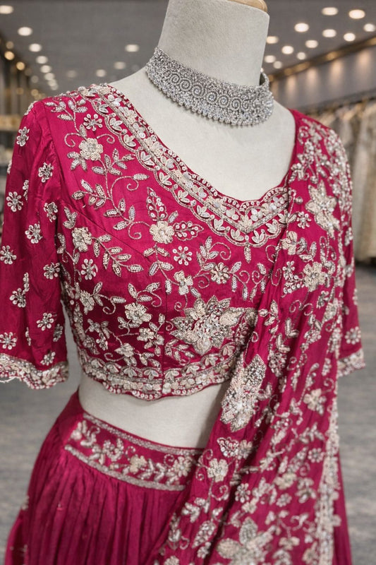 Radiant Hot Pink Draped Indo-Western Lehenga with Kardana & Sequin Embroidery