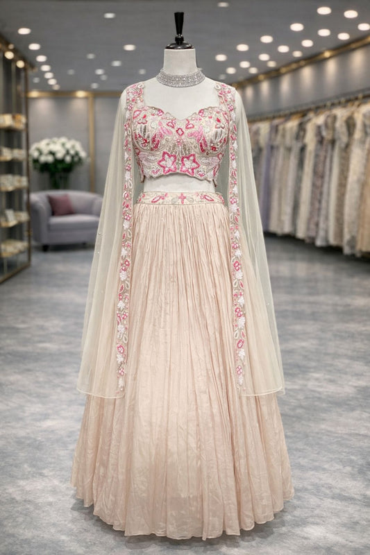 Graceful Beige Gold Cape Indo-Western Lehenga with Hand-Embroidered Kardana & Sequin Work