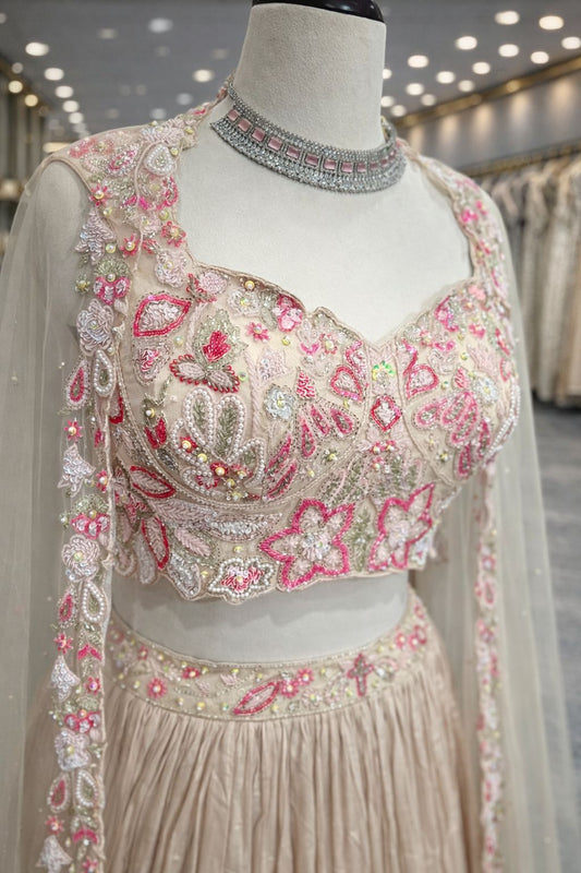 Graceful Beige Gold Cape Indo-Western Lehenga with Hand-Embroidered Kardana & Sequin Work