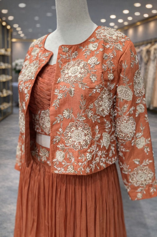 Rust Orange Jacket Style Indo-Western Lehenga with Hand Zardozi Embroidery