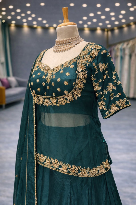 Royal Bottle Green Indo-Western Lehenga with Elegant Hand Zardozi Embroidery