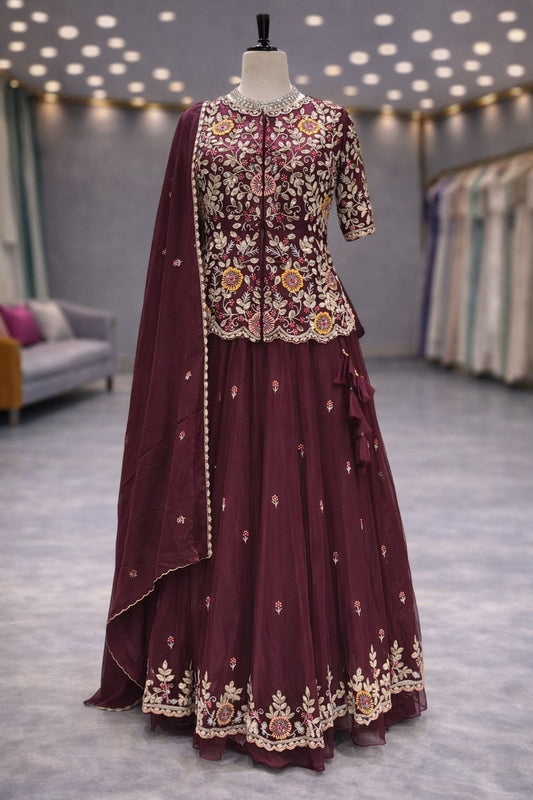 Elegant Wine Indo-Western Lehenga with Multicolor Resham & Zardozi Embroidery
