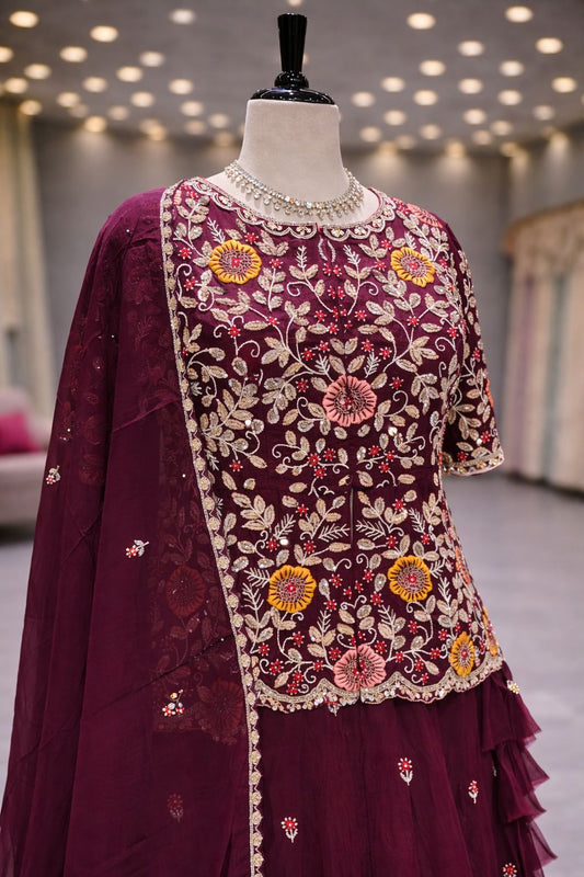 Elegant Wine Indo-Western Lehenga with Multicolor Resham & Zardozi Embroidery