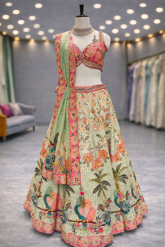 Blooming Pista Green Silk Lehenga with Artistic Applique & Mirror Work