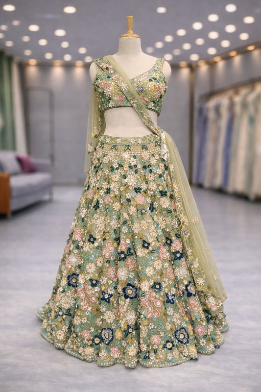 Garden Glow Light Green Lehenga with Colorful Resham & Sequin Detailing