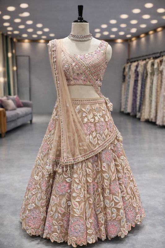 Golden Glow Beige Lehenga with Lappa Gota & Mirror Highlights