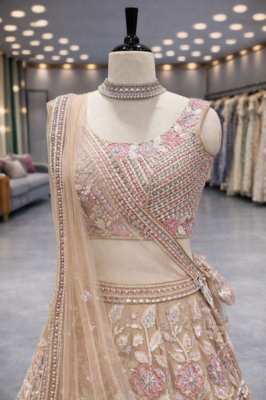 Golden Glow Beige Lehenga with Lappa Gota & Mirror Highlights