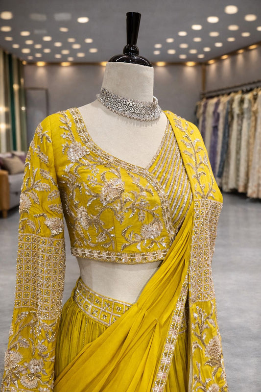 Sunshine Lemon Green Draped Indo-Western Lehenga with Pearl & Kardana Embroidery