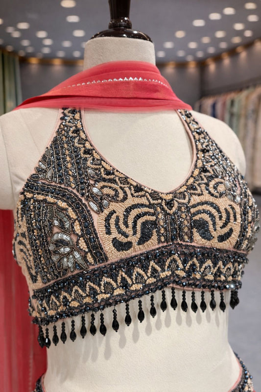 Sunset Gajri Pink Ombre Lehenga with Bold Black Bead Detailing