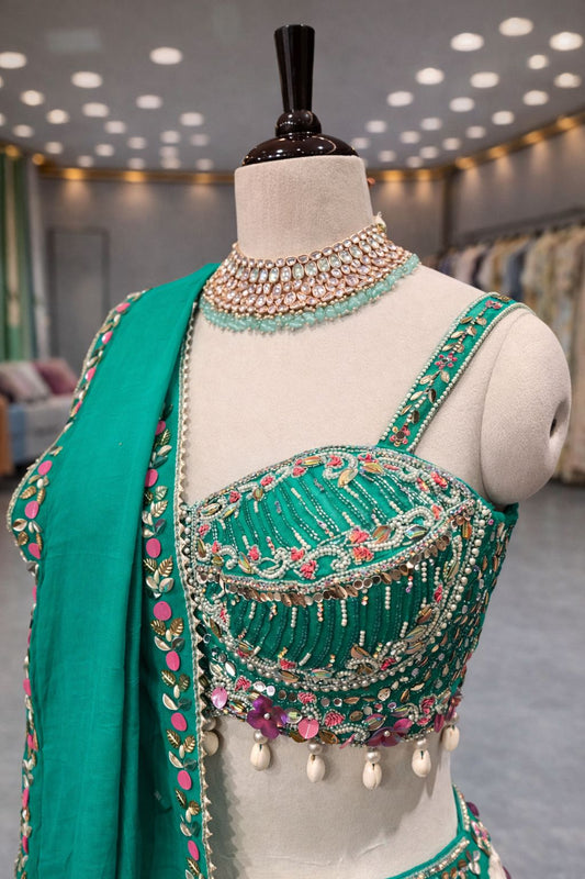 Emerald Charm White & Green Raw Silk Lehenga with Beads and PVD Detailing