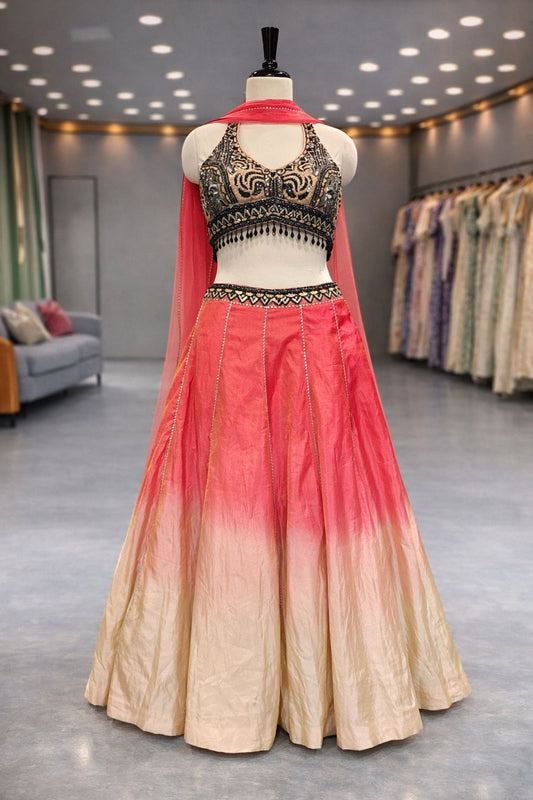 Sunset Gajri Pink Ombre Lehenga with Bold Black Bead Detailing