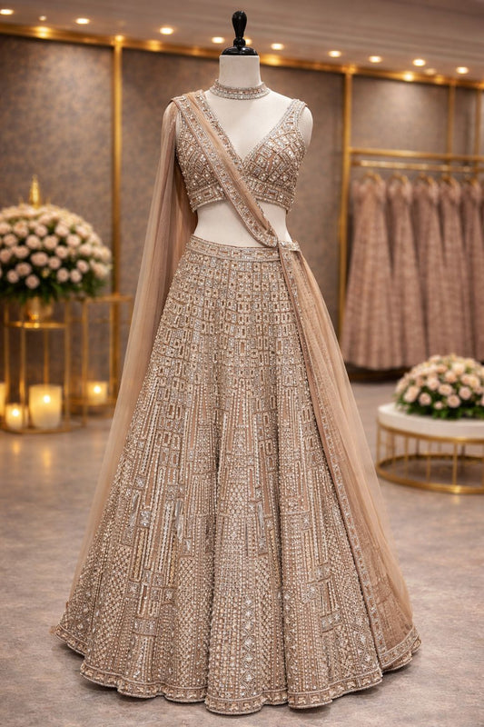Shimmering Beige Gold Net Lehenga with Hand Kardana & Sequin Detailing