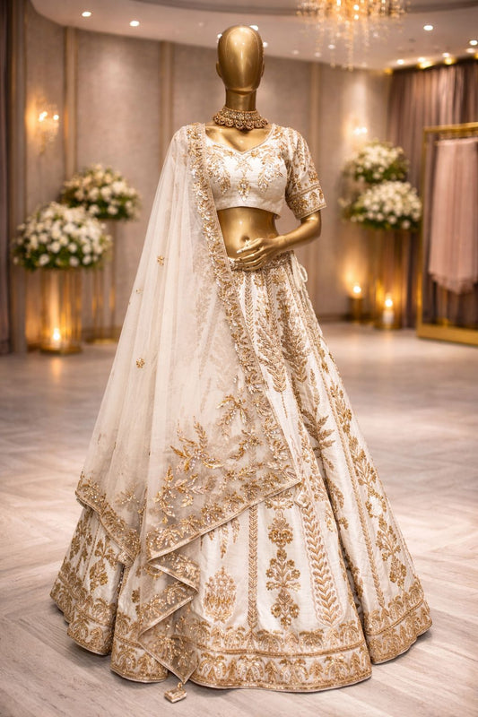Elegant Pure White Raw Silk Lehenga with Sequin & Kasab Dori Embroidery