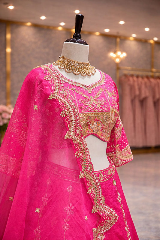 Hot Pink Royal Raw Silk Lehenga with Heritage Gota Patti & Zardozi Art