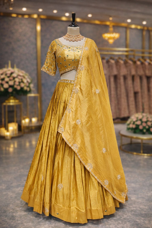 Sunlit Yellow Jacquard Lehenga with Emerald Gota Patti Elegance