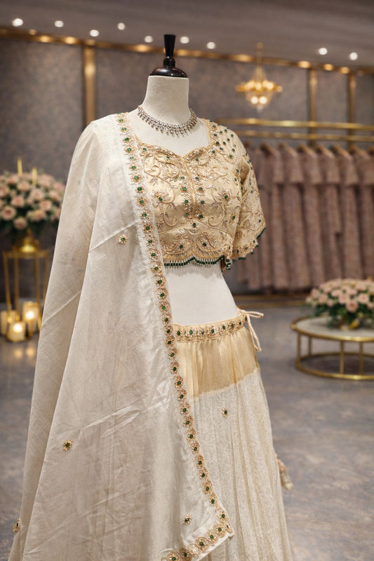 Royal Ivory & Gold Kanjivaram Silk Lehenga with Emerald Gotta Patti Highlights