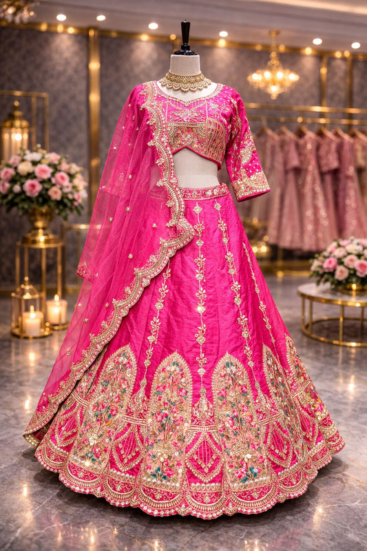 Hot Pink Royal Raw Silk Lehenga with Heritage Gota Patti & Zardozi Art